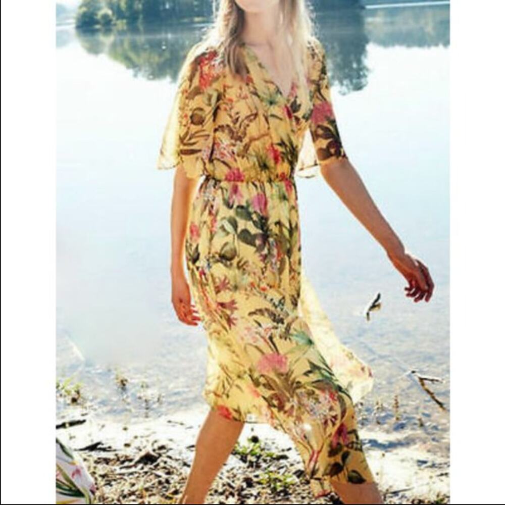 ZARA‎ Dress XS Flowy Midi Butter Yellow Tropical Floral Sundress Summer Sheer